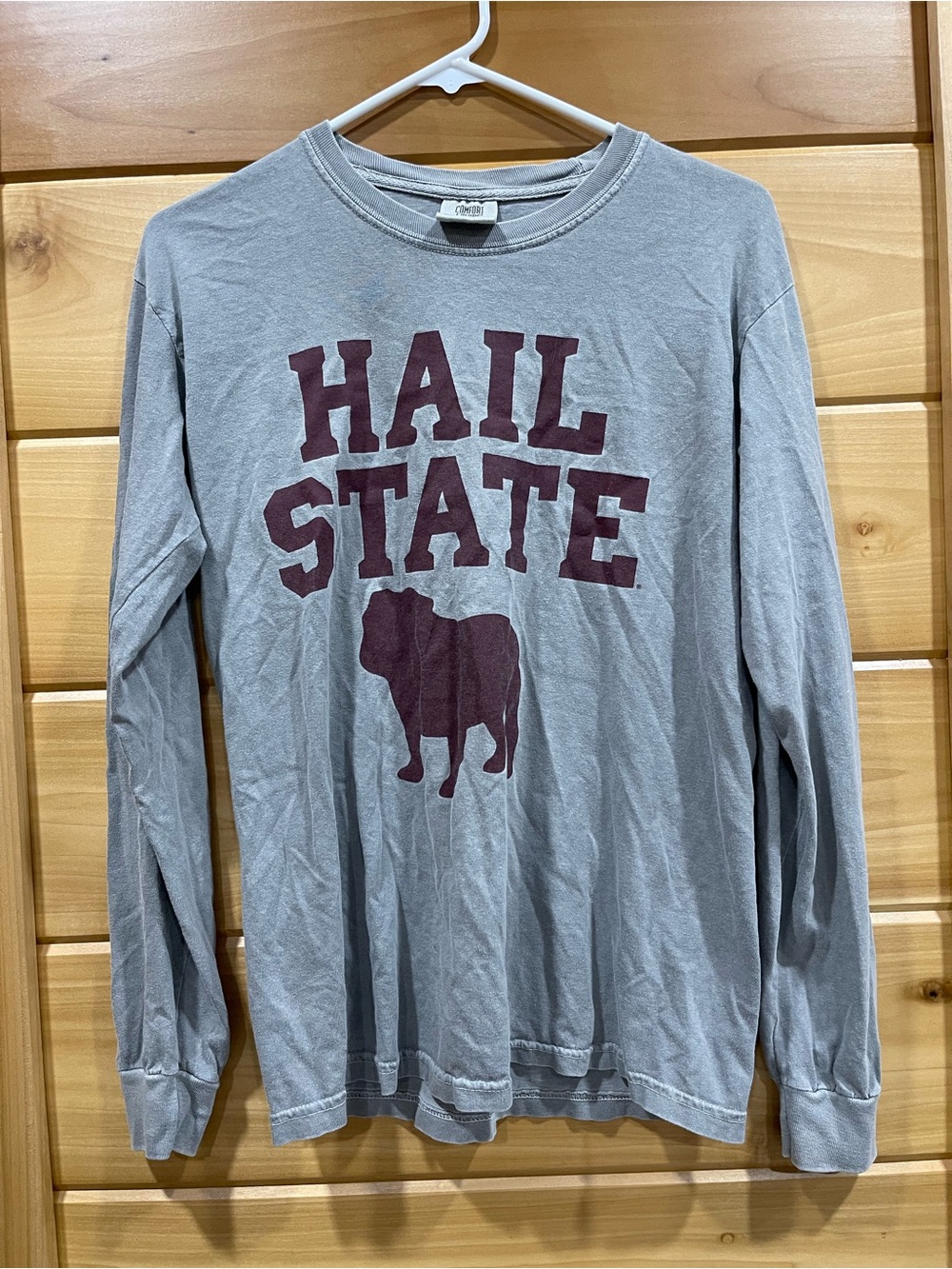 Comfort Colors Hail State Long Sleeve Tee - Gray with Maroon Graphic